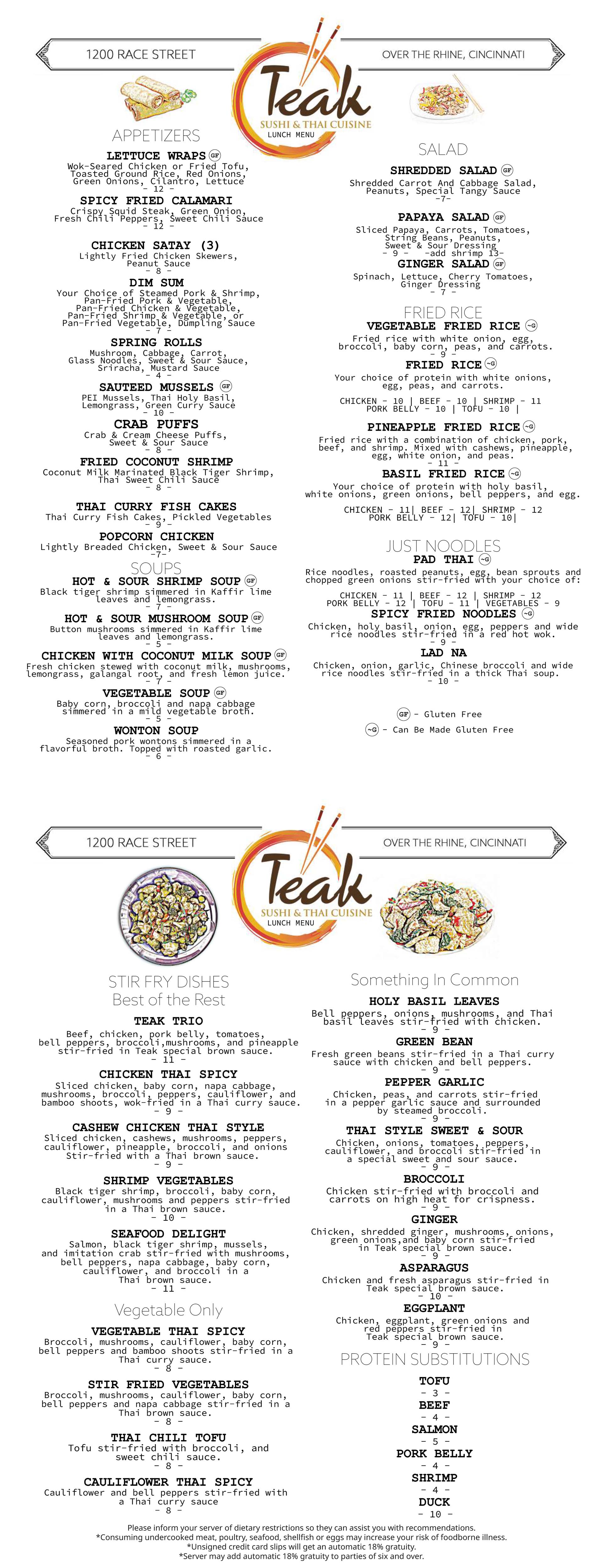 Teak Loveland Lunch Menu