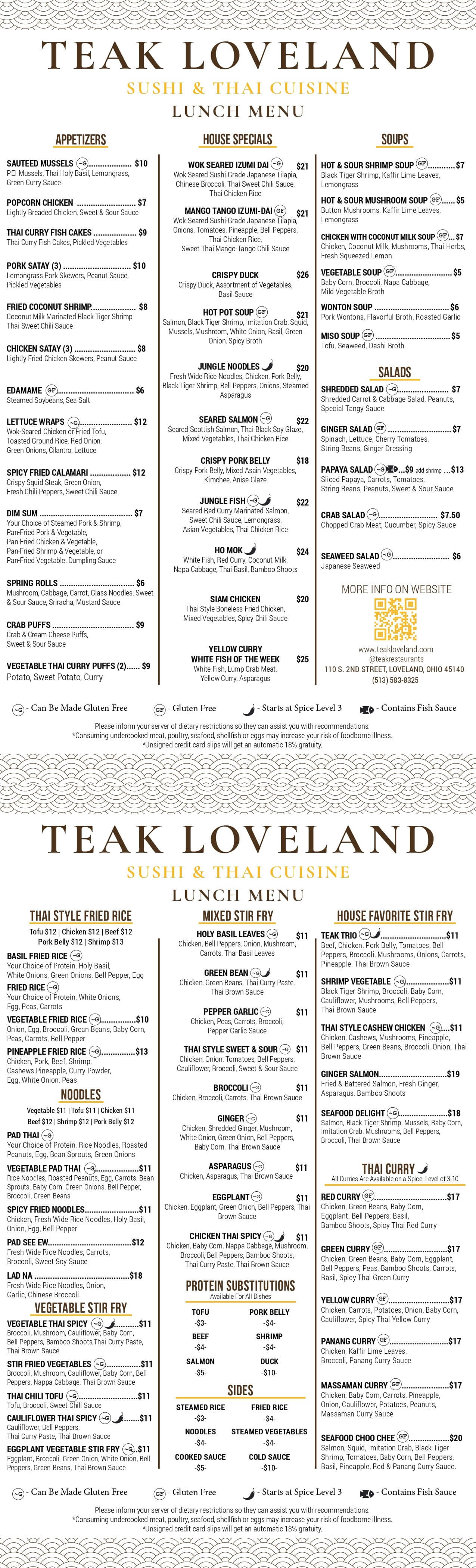 Teak Loveland Lunch Menu